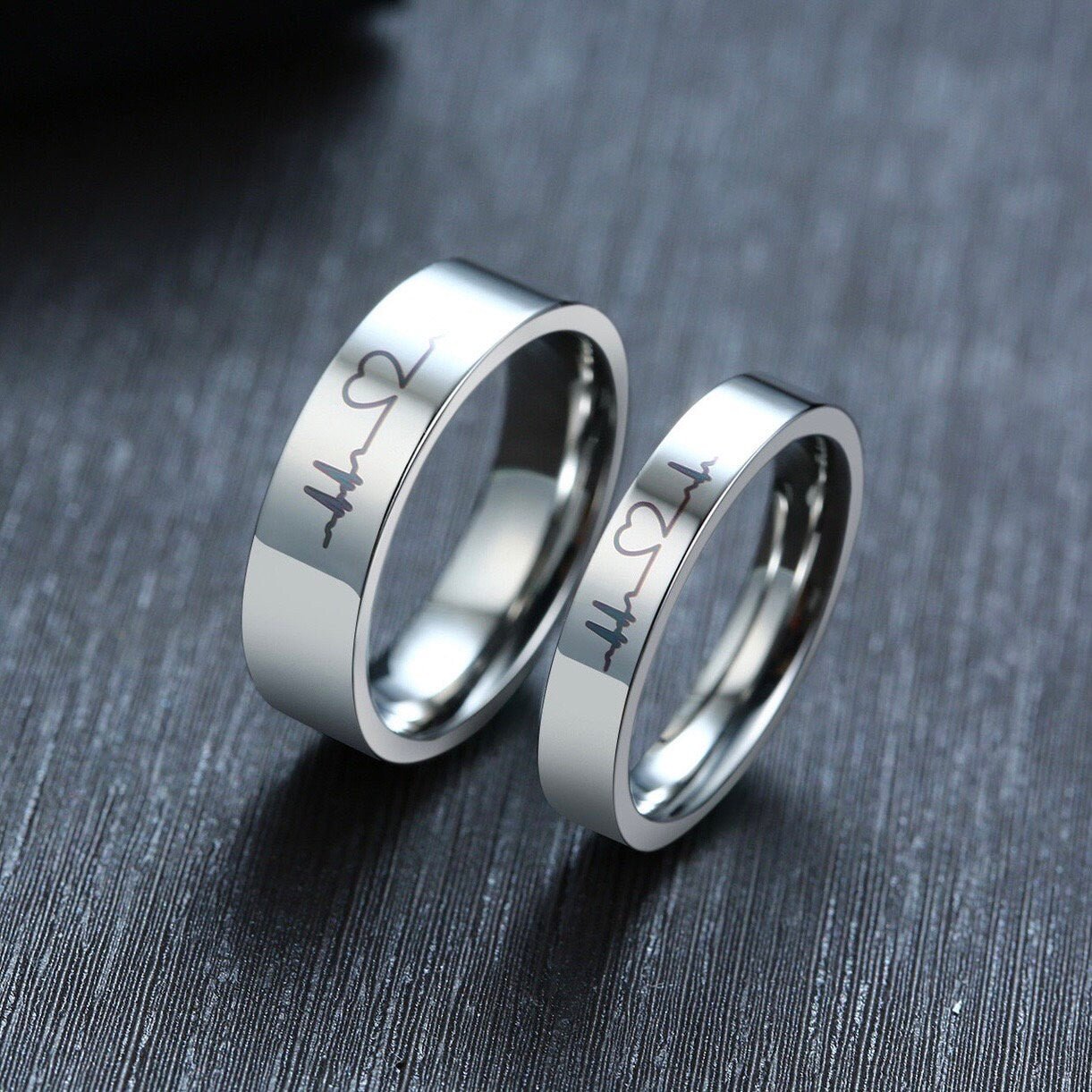 Couple Rings Heart Cardiogram, Personalized His and Hers gift, Matching custom ring set, Promise Rings are fade resistant and waterproof! - LoveBrasleT - Couple Gift Store