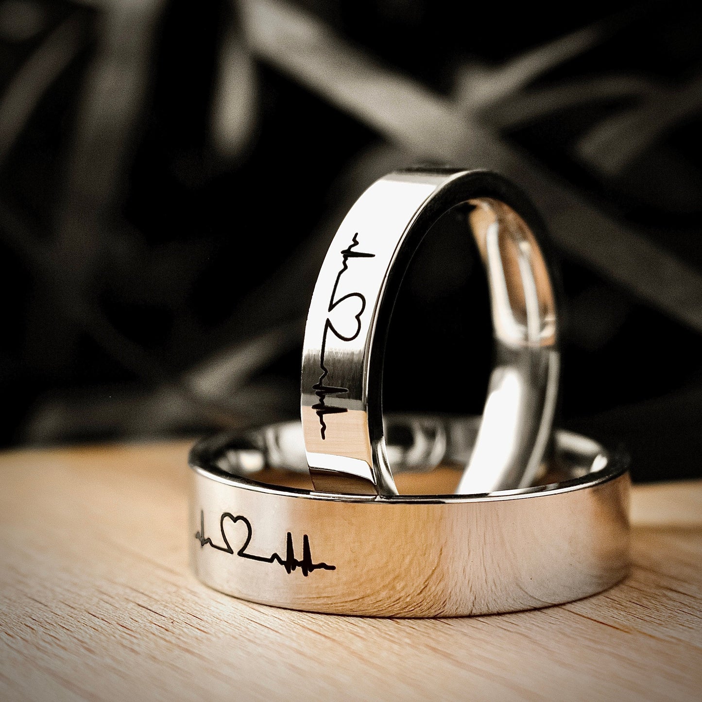 Couple Rings Heart Cardiogram, Personalized His and Hers gift, Matching custom ring set, Promise Rings are fade resistant and waterproof! - LoveBrasleT - Couple Gift Store