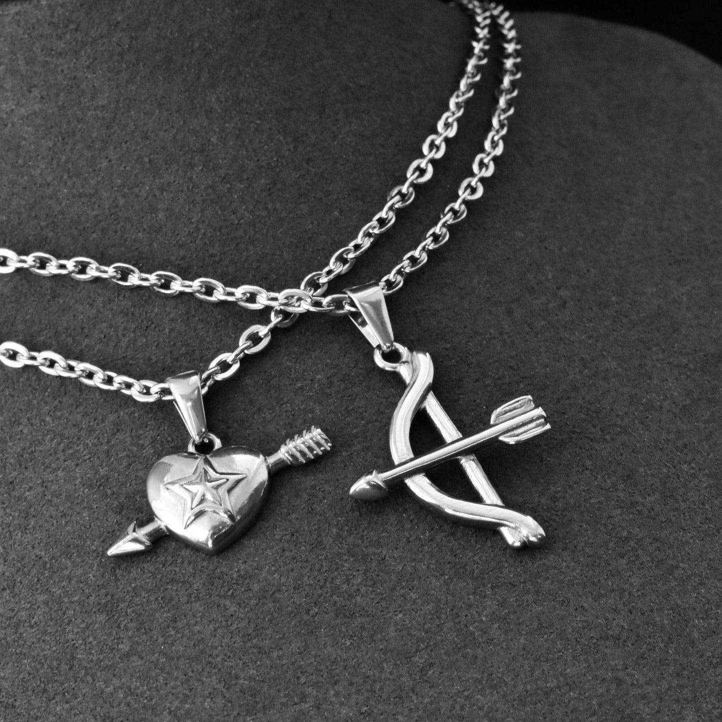 Cupids Bow and Arrow Heart Couple Necklace Set of 2, Gift for Couples, His & Hers Necklace, Silver Matching Necklace, Gifts for Her and Him - LoveBrasleT - Couple Gift Store
