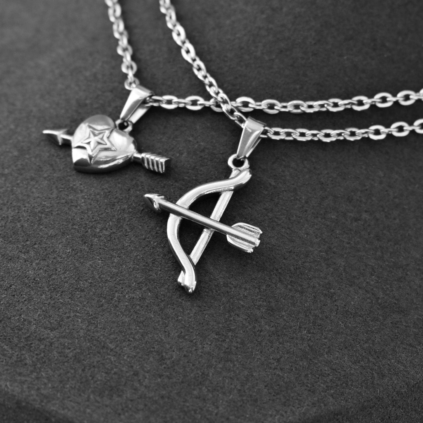 Cupids Bow and Arrow Heart Couple Necklace Set of 2, Gift for Couples, His & Hers Necklace, Silver Matching Necklace, Gifts for Her and Him - LoveBrasleT - Couple Gift Store