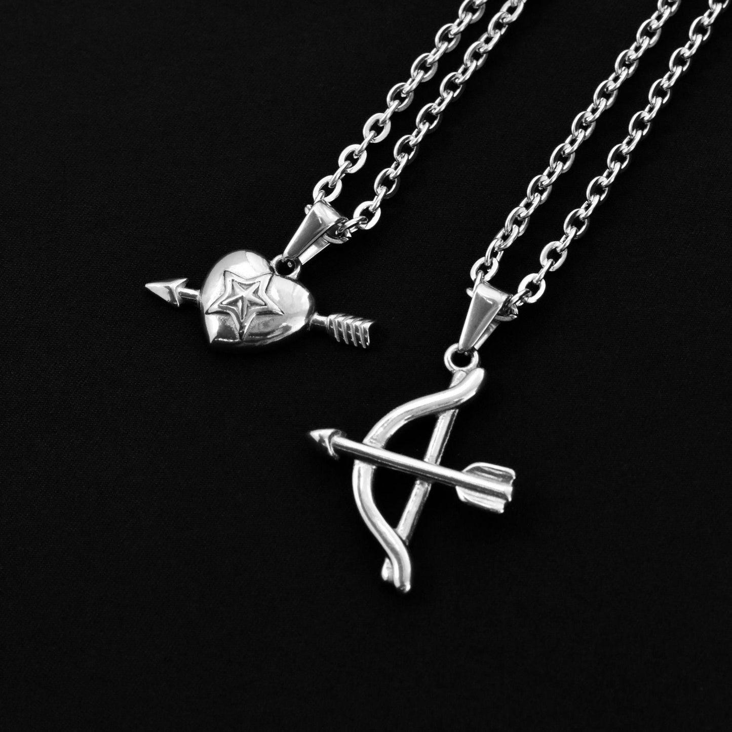 Cupids Bow and Arrow Heart Couple Necklace Set of 2, Gift for Couples, His & Hers Necklace, Silver Matching Necklace, Gifts for Her and Him - LoveBrasleT - Couple Gift Store
