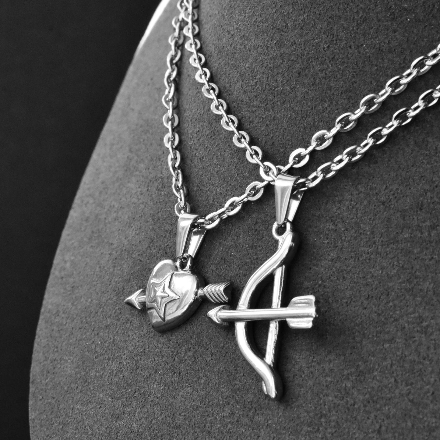 Cupids Bow and Arrow Heart Couple Necklace Set of 2, Gift for Couples, His & Hers Necklace, Silver Matching Necklace, Gifts for Her and Him - LoveBrasleT - Couple Gift Store