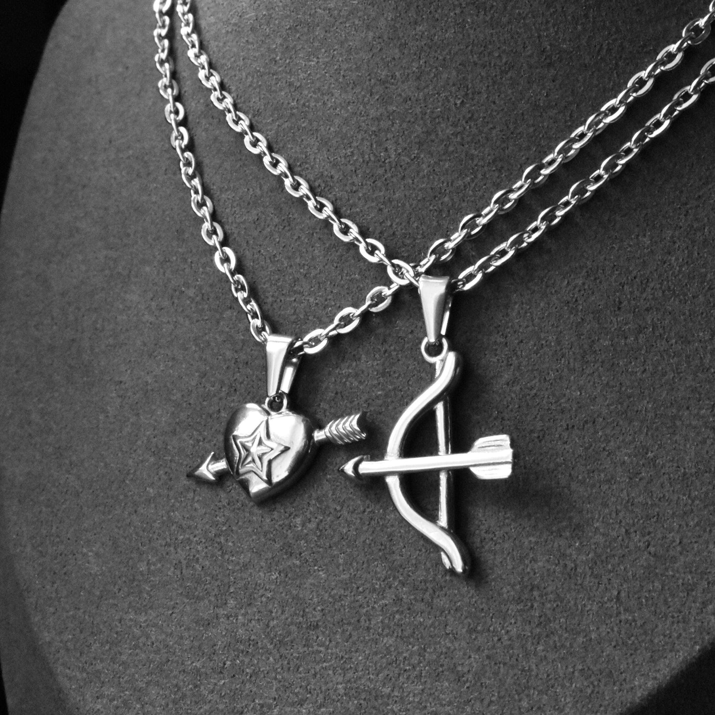 Cupids Bow and Arrow Heart Couple Necklace Set of 2, Gift for Couples, His & Hers Necklace, Silver Matching Necklace, Gifts for Her and Him - LoveBrasleT - Couple Gift Store