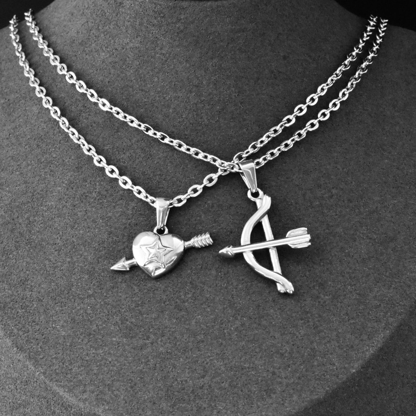 Cupids Bow and Arrow Heart Couple Necklace Set of 2, Gift for Couples, His & Hers Necklace, Silver Matching Necklace, Gifts for Her and Him - LoveBrasleT - Couple Gift Store