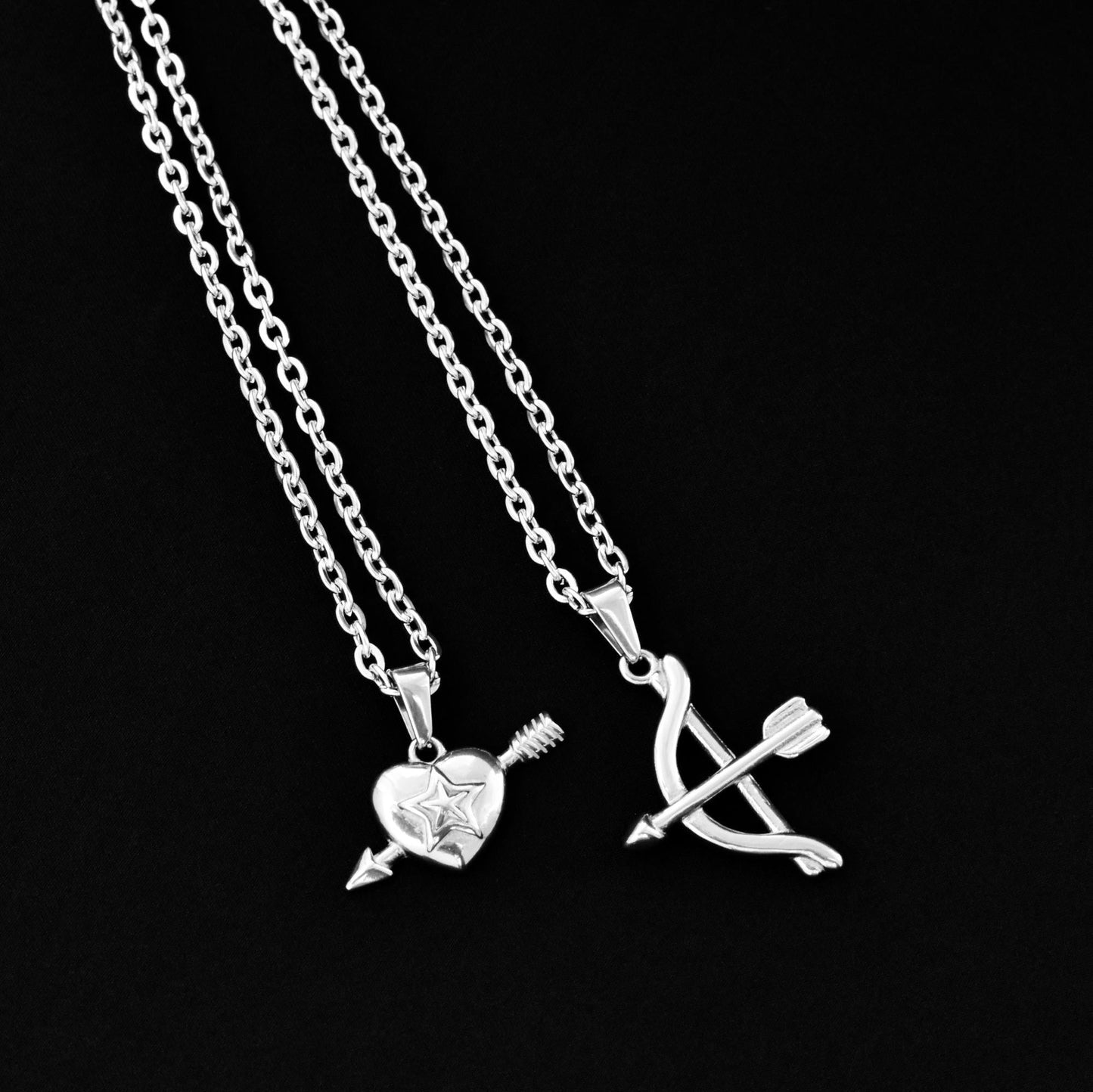 Cupids Bow and Arrow Heart Couple Necklace Set of 2, Gift for Couples, His & Hers Necklace, Silver Matching Necklace, Gifts for Her and Him - LoveBrasleT - Couple Gift Store