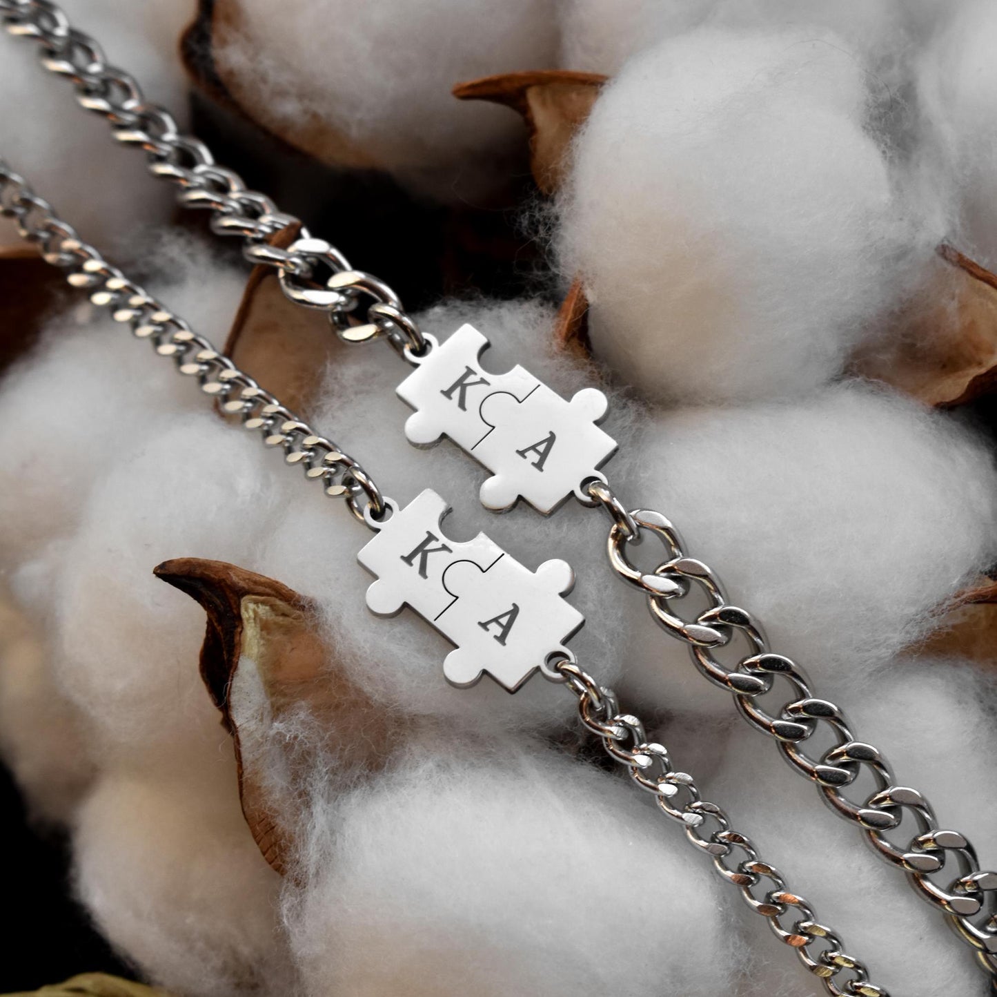 Custom Puzzle Couple Bracelets Initials, Personalized Matching set Bracelet, Engraving Letter, Gift for Couples, Gift His and Hers Jewelry - LoveBrasleT - Couple Gift Store