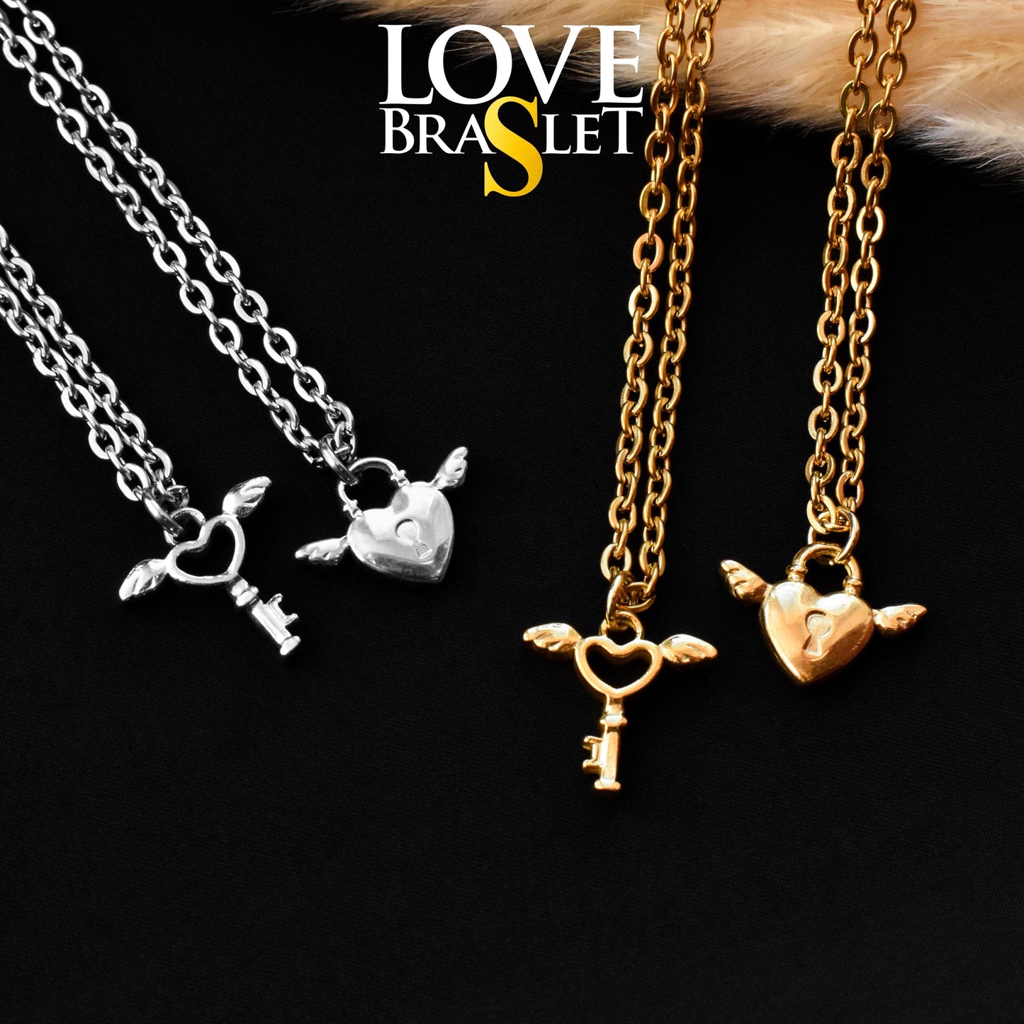 Key and Lock with Wings Couple Necklace, Set of 2 His & Hers Necklaces, Silver and Gold Matching Necklace, Gifts for Couples, Her, Him - LoveBrasleT - Couple Gift Store