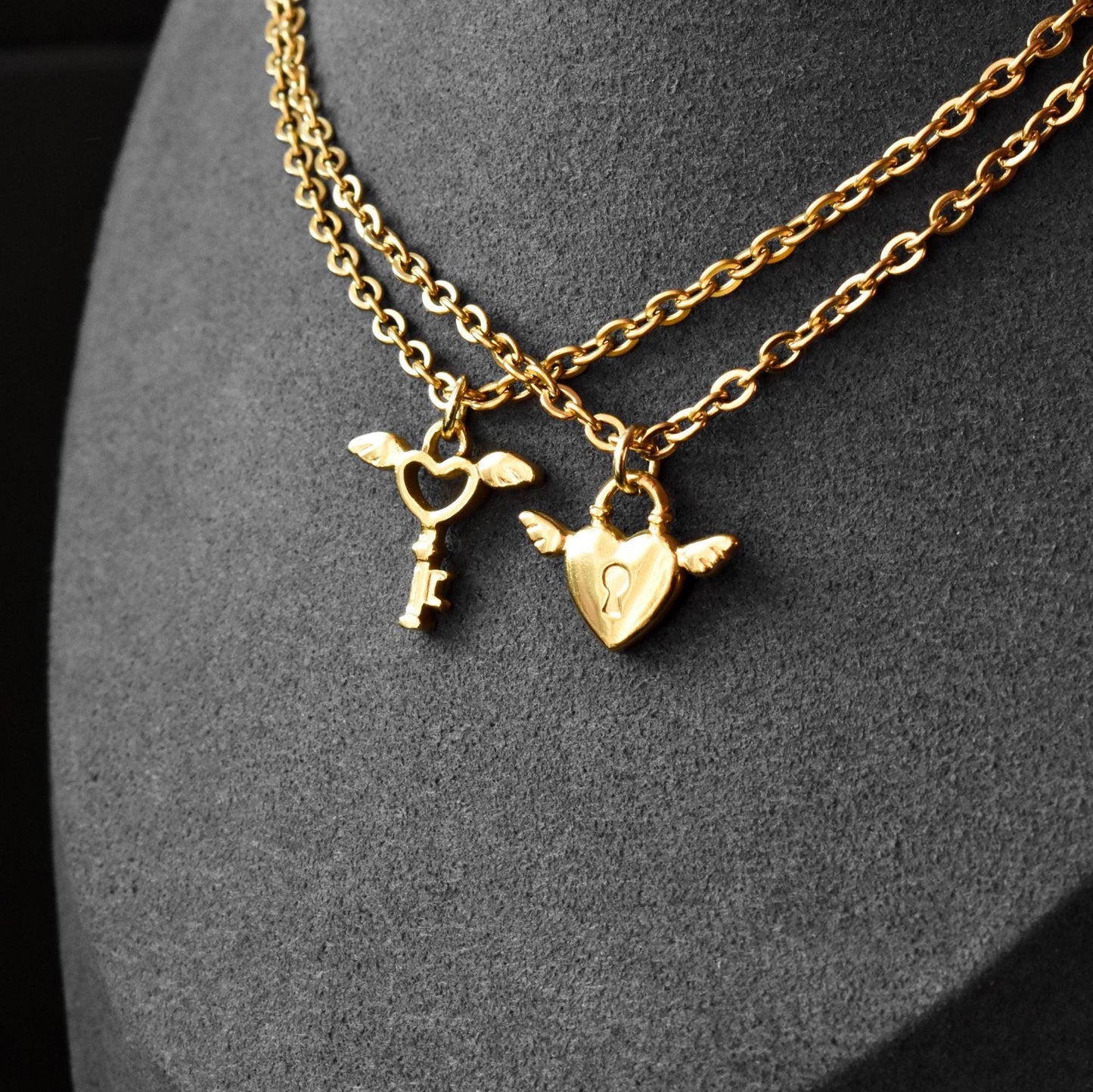 Key and Lock with Wings Couple Necklace, Set of 2 His & Hers Necklaces, Silver and Gold Matching Necklace, Gifts for Couples, Her, Him - LoveBrasleT - Couple Gift Store