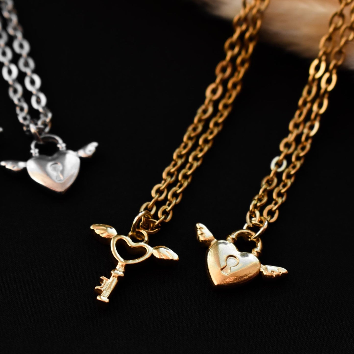Key and Lock with Wings Couple Necklace, Set of 2 His & Hers Necklaces, Silver and Gold Matching Necklace, Gifts for Couples, Her, Him - LoveBrasleT - Couple Gift Store