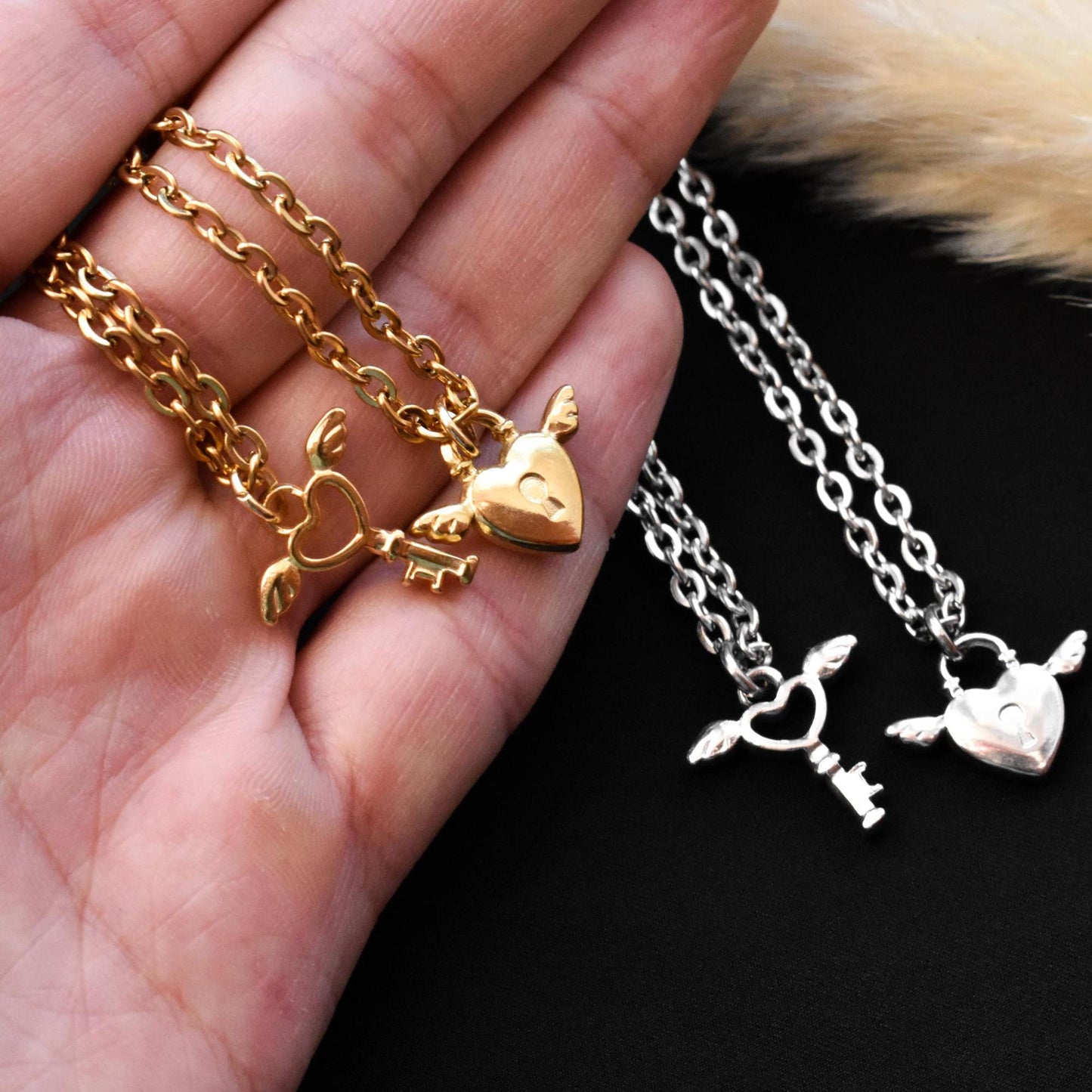 Key and Lock with Wings Couple Necklace, Set of 2 His & Hers Necklaces, Silver and Gold Matching Necklace, Gifts for Couples, Her, Him - LoveBrasleT - Couple Gift Store