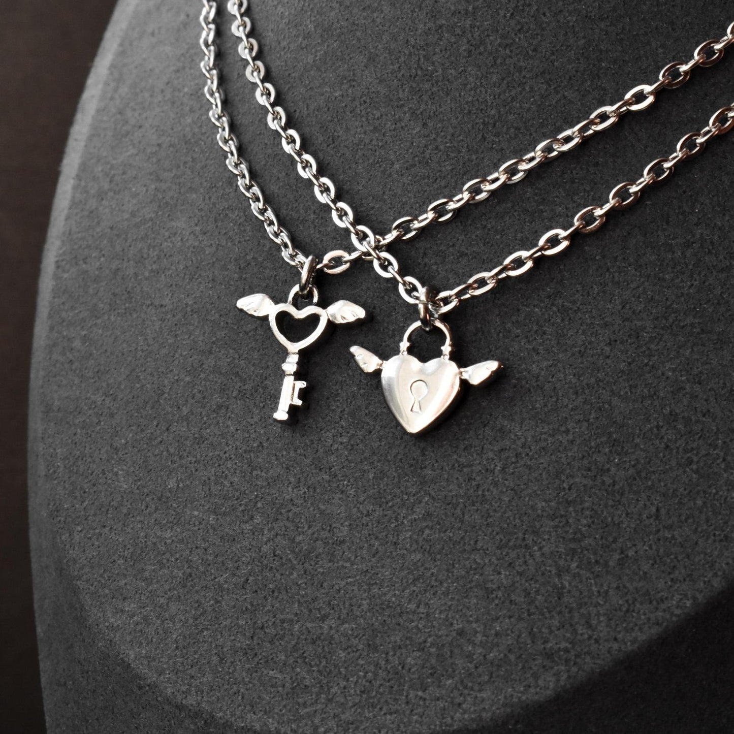 Key and Lock with Wings Couple Necklace, Set of 2 His & Hers Necklaces, Silver and Gold Matching Necklace, Gifts for Couples, Her, Him - LoveBrasleT - Couple Gift Store