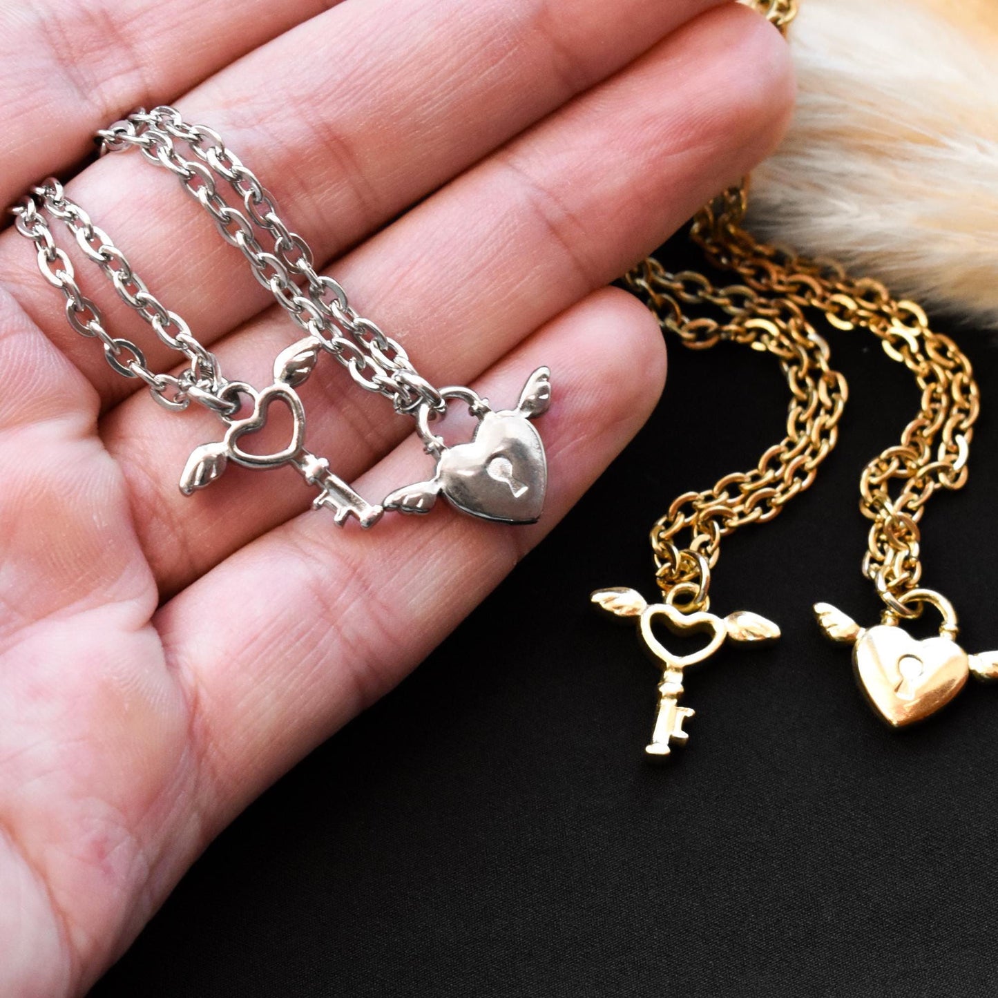 Key and Lock with Wings Couple Necklace, Set of 2 His & Hers Necklaces, Silver and Gold Matching Necklace, Gifts for Couples, Her, Him - LoveBrasleT - Couple Gift Store