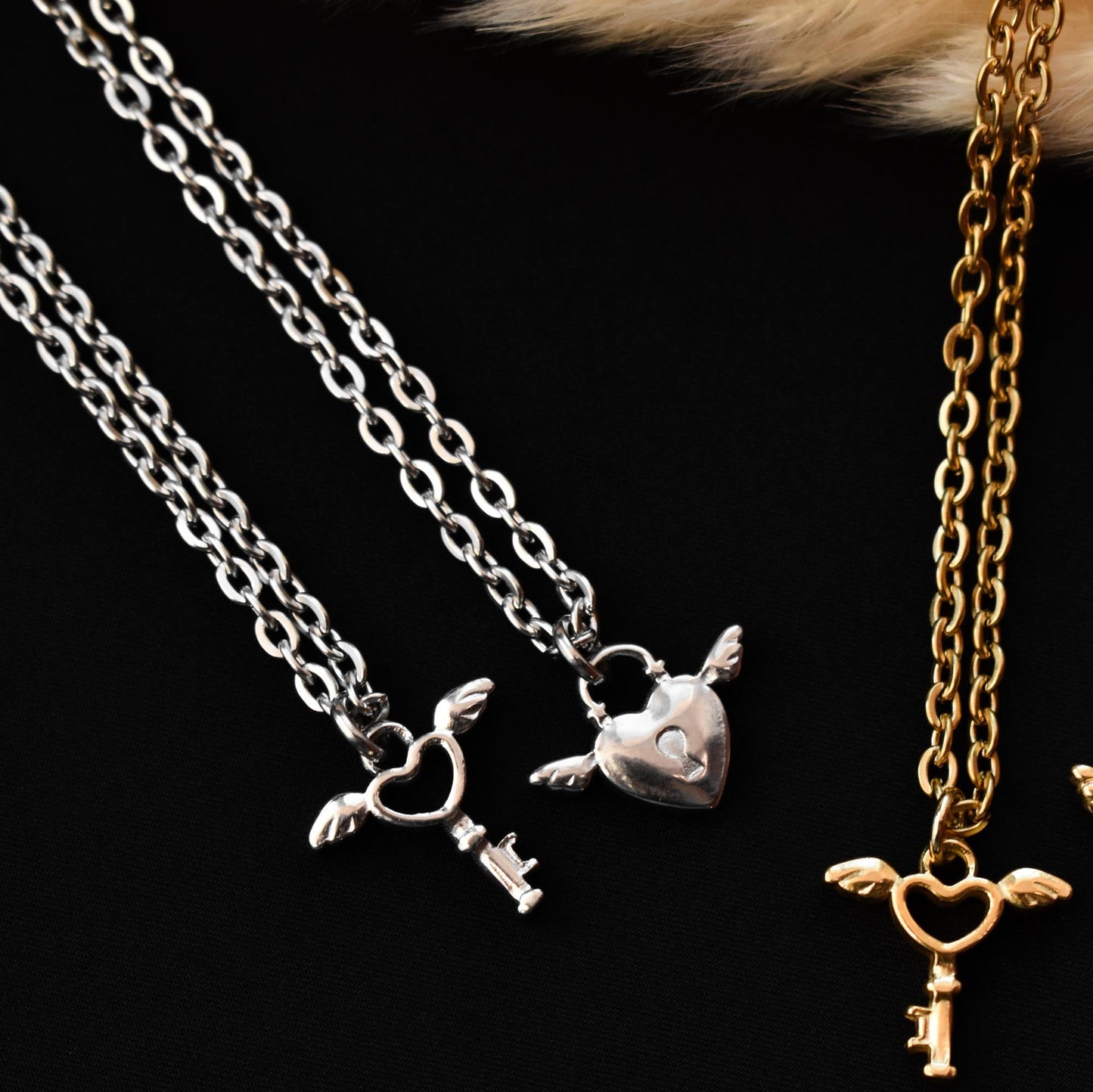 Key and Lock with Wings Couple Necklace, Set of 2 His & Hers Necklaces, Silver and Gold Matching Necklace, Gifts for Couples, Her, Him - LoveBrasleT - Couple Gift Store
