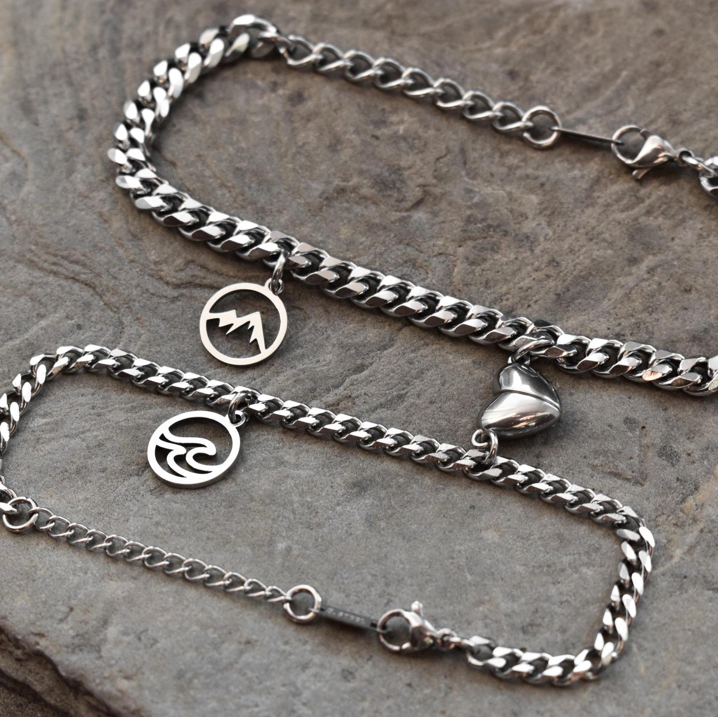 Mountain & Ocean Couple Bracelets charms, Magnetic Heart, Matching Bracelet Hill and Sea Wave, Gift for Couples, His Hers Jewelry, Set of 2 - LoveBrasleT - Couple Gift Store