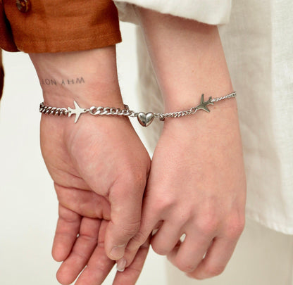 Airplane Couple Bracelets with Magnetic Heart, Matching Jewelry, Gift for Lovers, Couples, Friend, Husband Wife, His and Hers Bracelets - LoveBrasleT - Couple Gift Store