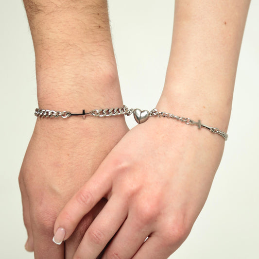 Couple Bracelets with Crosses and Magnetic Heart (Stainless Steel), Gift for Lovers, Couples, Husband Wife, His and Hers Matching Bracelets - LoveBrasleT - Couple Gift Store