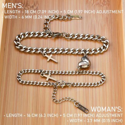 Couples Bracelet charms Crosses and Magnetic Heart, Matching Bracelets, Gift Jewelry, Friendship, Husband Wife, His and Hers Cross Bracelets - LoveBrasleT - Couple Gift Store