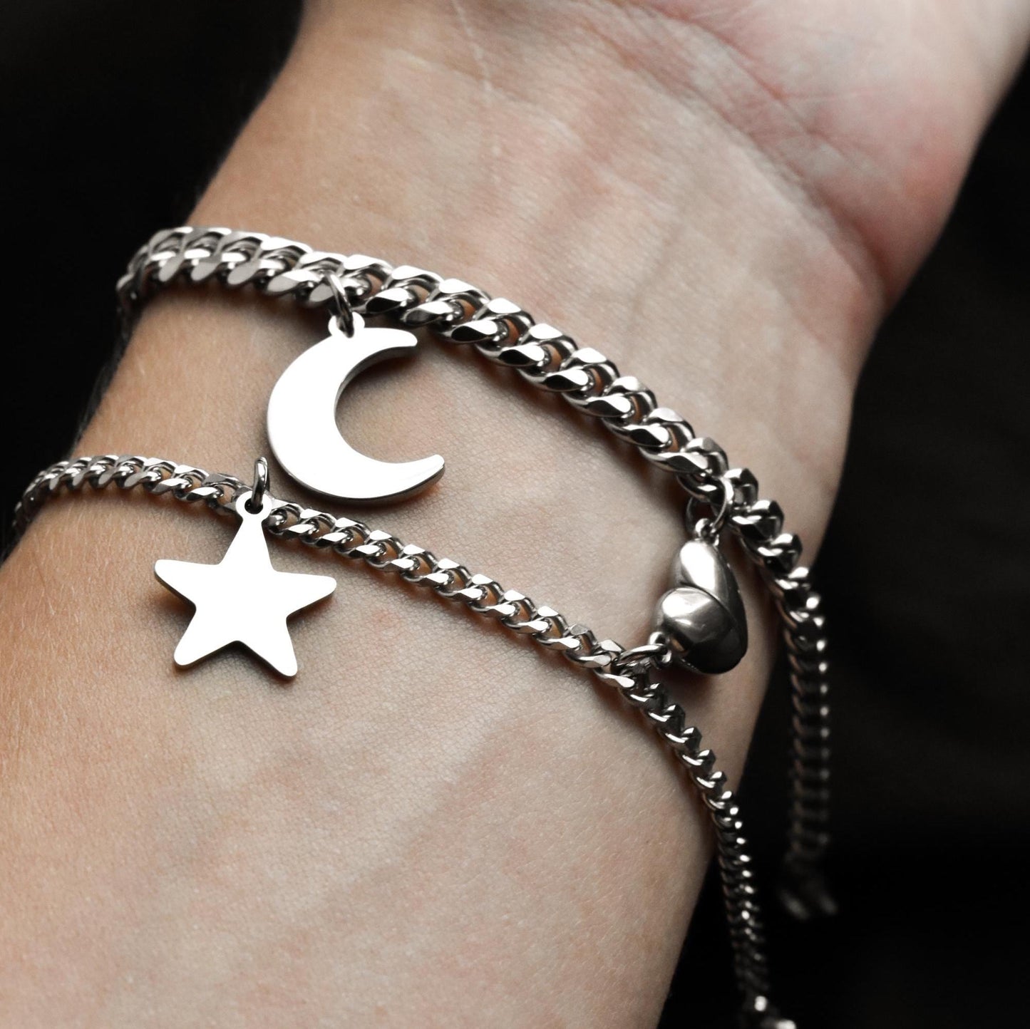 Couples Bracelets with Moon and Star charms, Magnetic Heart Matching Jewelry, His and Hers Bracelets, Couples Gift, Friendship, Relationship - LoveBrasleT - Couple Gift Store