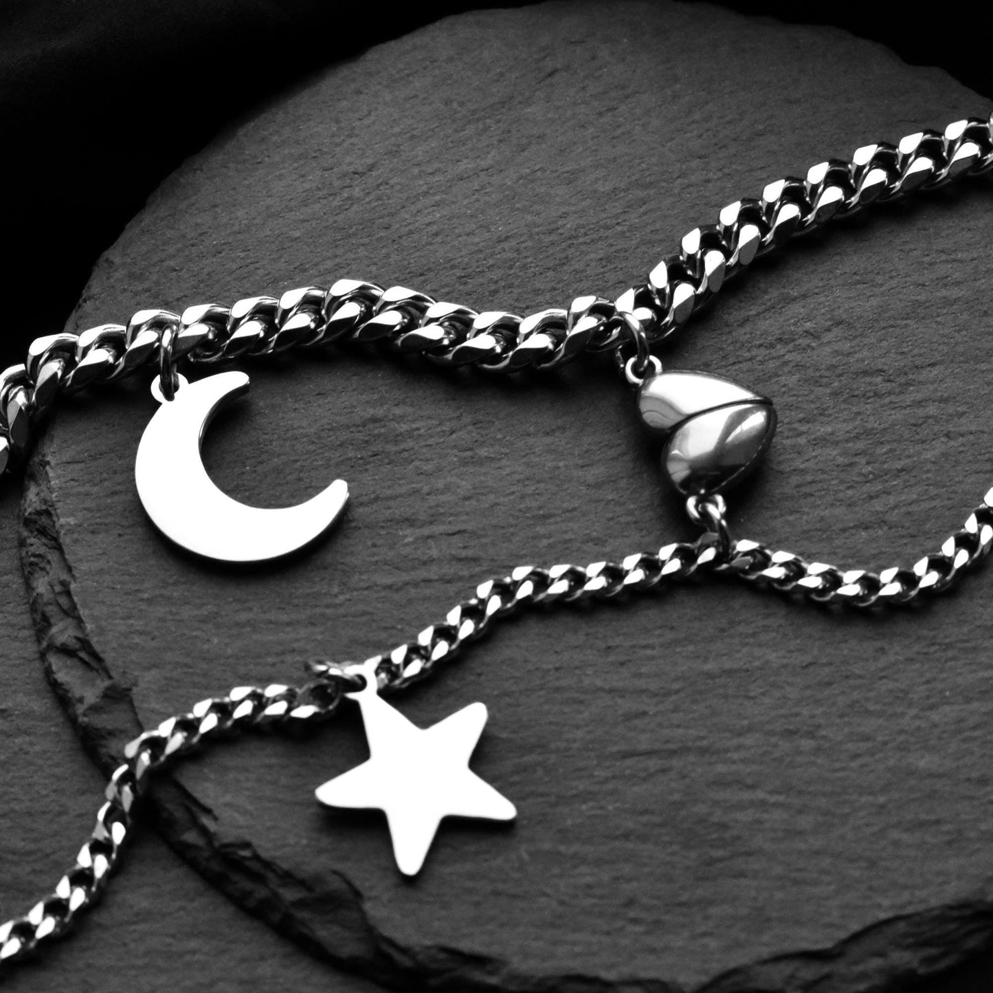 Couples Bracelets with Moon and Star charms, Magnetic Heart Matching Jewelry, His and Hers Bracelets, Couples Gift, Friendship, Relationship - LoveBrasleT - Couple Gift Store