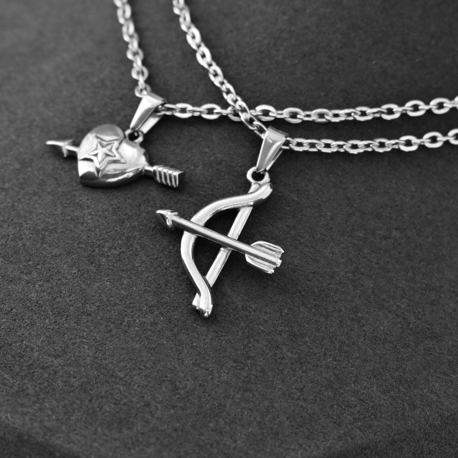 Cupids Bow and Arrow Heart Couple Necklace Set of 2, Gift for Couples, His & Hers Necklace, Silver Matching Necklace, Gifts for Her and Him - LoveBrasleT - Couple Gift Store
