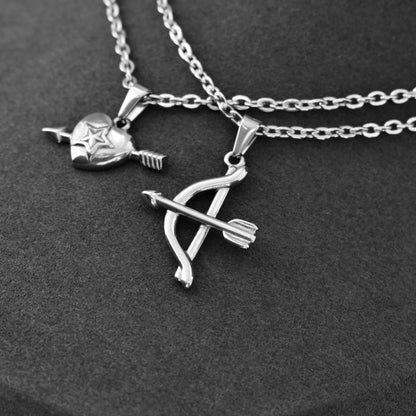 Cupids Bow and Arrow Heart Couple Necklace Set of 2, Gift for Couples, His & Hers Necklace, Silver Matching Necklace, Gifts for Her and Him - LoveBrasleT - Couple Gift Store