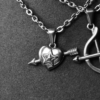 Cupids Bow and Arrow Heart Couple Necklace Set of 2, Gift for Couples, His & Hers Necklace, Silver Matching Necklace, Gifts for Her and Him - LoveBrasleT - Couple Gift Store