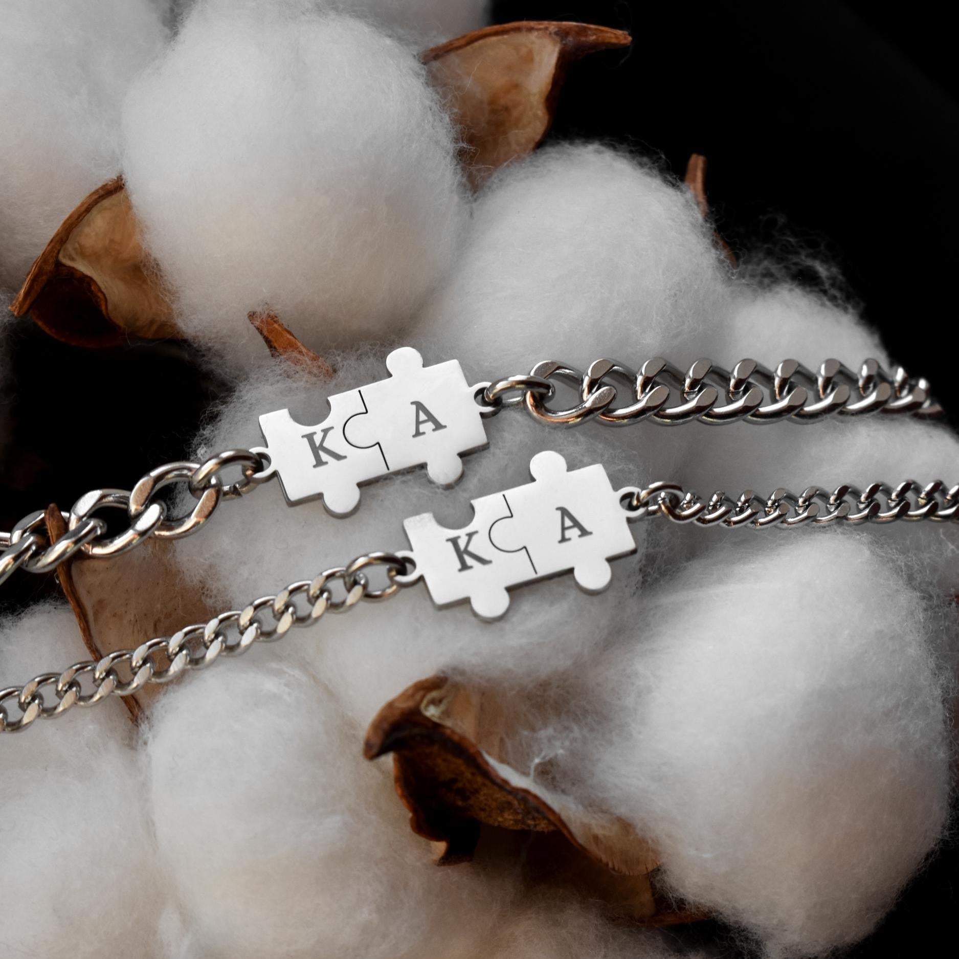 Custom Puzzle Couple Bracelets Initials, Personalized Matching set Bracelet, Engraving Letter, Gift for Couples, Gift His and Hers Jewelry - LoveBrasleT - Couple Gift Store