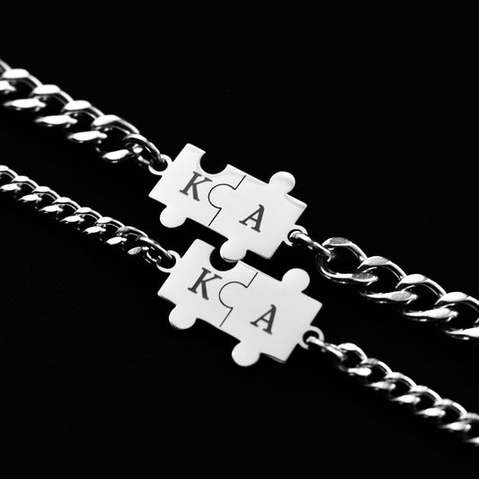 Custom Puzzle Couple Bracelets Initials, Personalized Matching set Bracelet, Engraving Letter, Gift for Couples, Gift His and Hers Jewelry - LoveBrasleT – Matching Couples Gift Store
