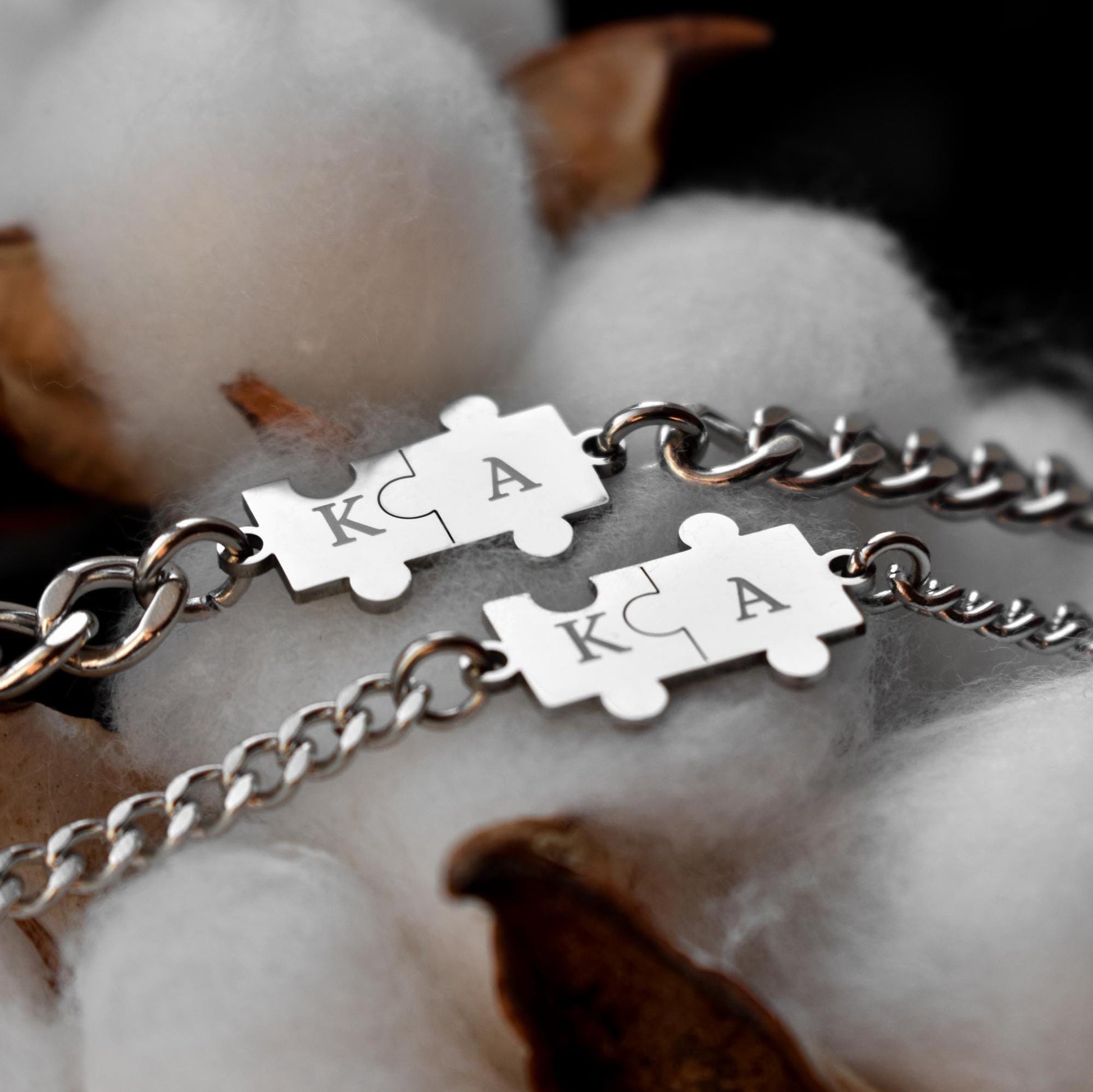 Custom Puzzle Couple Bracelets Initials, Personalized Matching set Bracelet, Engraving Letter, Gift for Couples, Gift His and Hers Jewelry - LoveBrasleT - Couple Gift Store