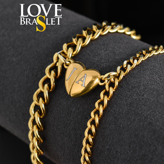 Engraved Heart Magnet Bracelets – Gold Personalized White Initials Set - LoveBrasleT – Matching Couples Gift Store