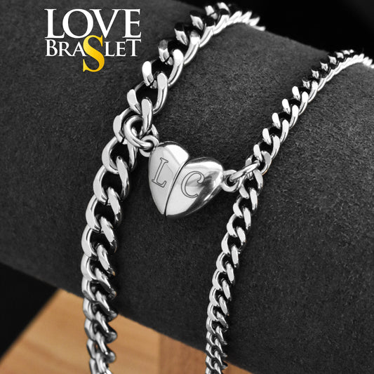 Engraved Heart Magnet Bracelets – Silver Couple Set with White Initials - LoveBrasleT – Matching Couples Gift Store