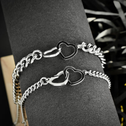 Set of 2 Couples Bracelets with double Hearts or double Handcuffs for lovers (stainless steel), His and Hers Bracelets, Couples Gift Love