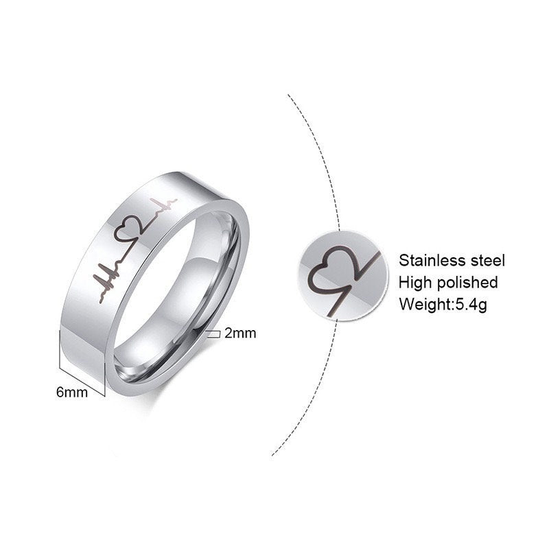 Couple Rings Heart Cardiogram, Personalized His and Hers gift, Matching custom ring set, Promise Rings are fade resistant and waterproof!