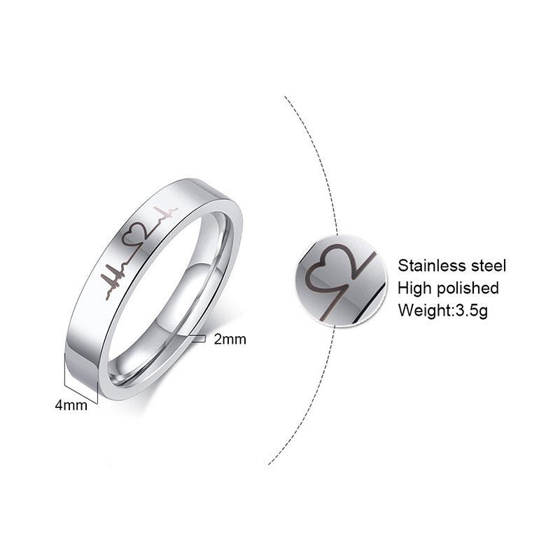 Couple Rings Heart Cardiogram, Personalized His and Hers gift, Matching custom ring set, Promise Rings are fade resistant and waterproof!