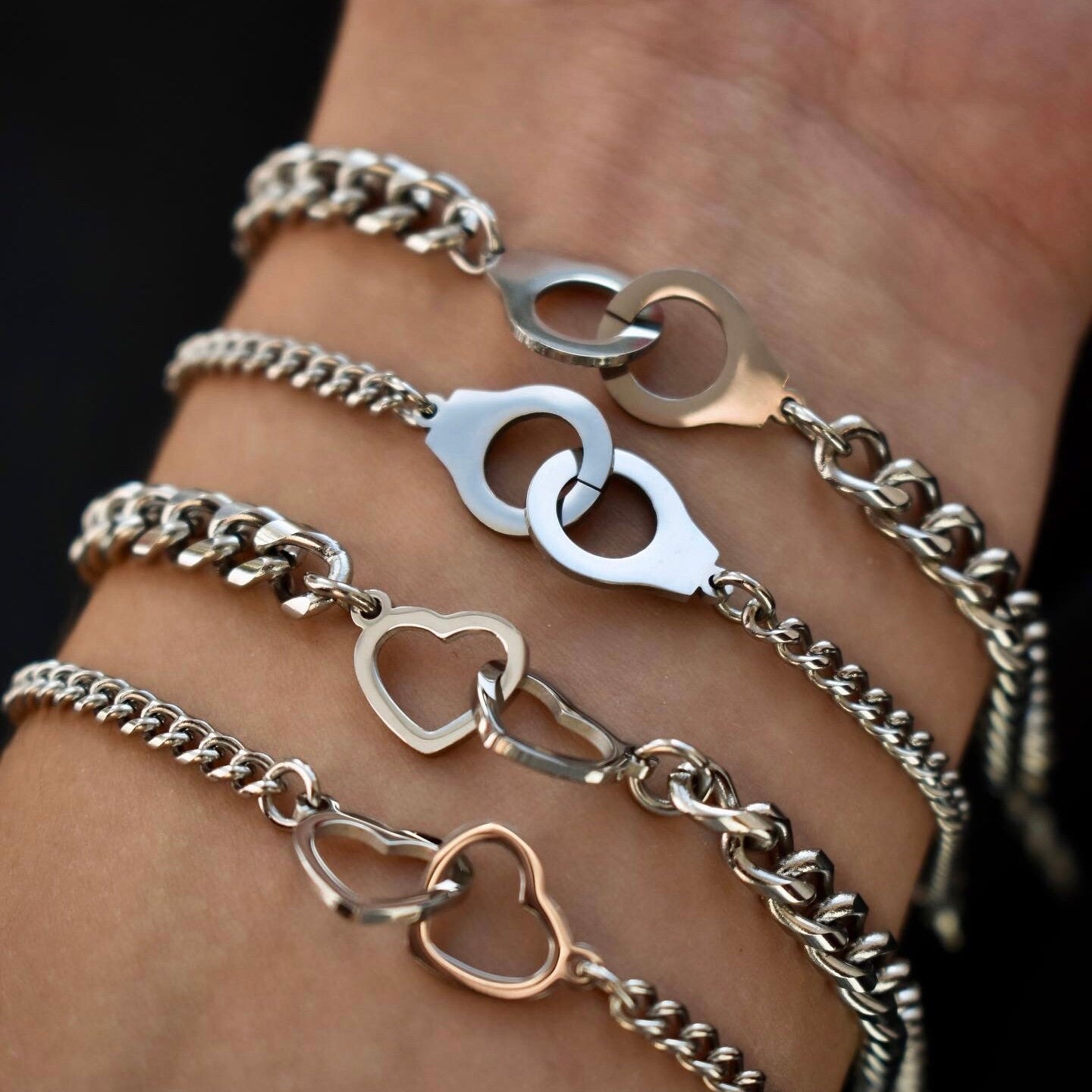 Set of 2 Couples Bracelets with double Hearts or double Handcuffs for lovers (stainless steel), His and Hers Bracelets, Couples Gift Love