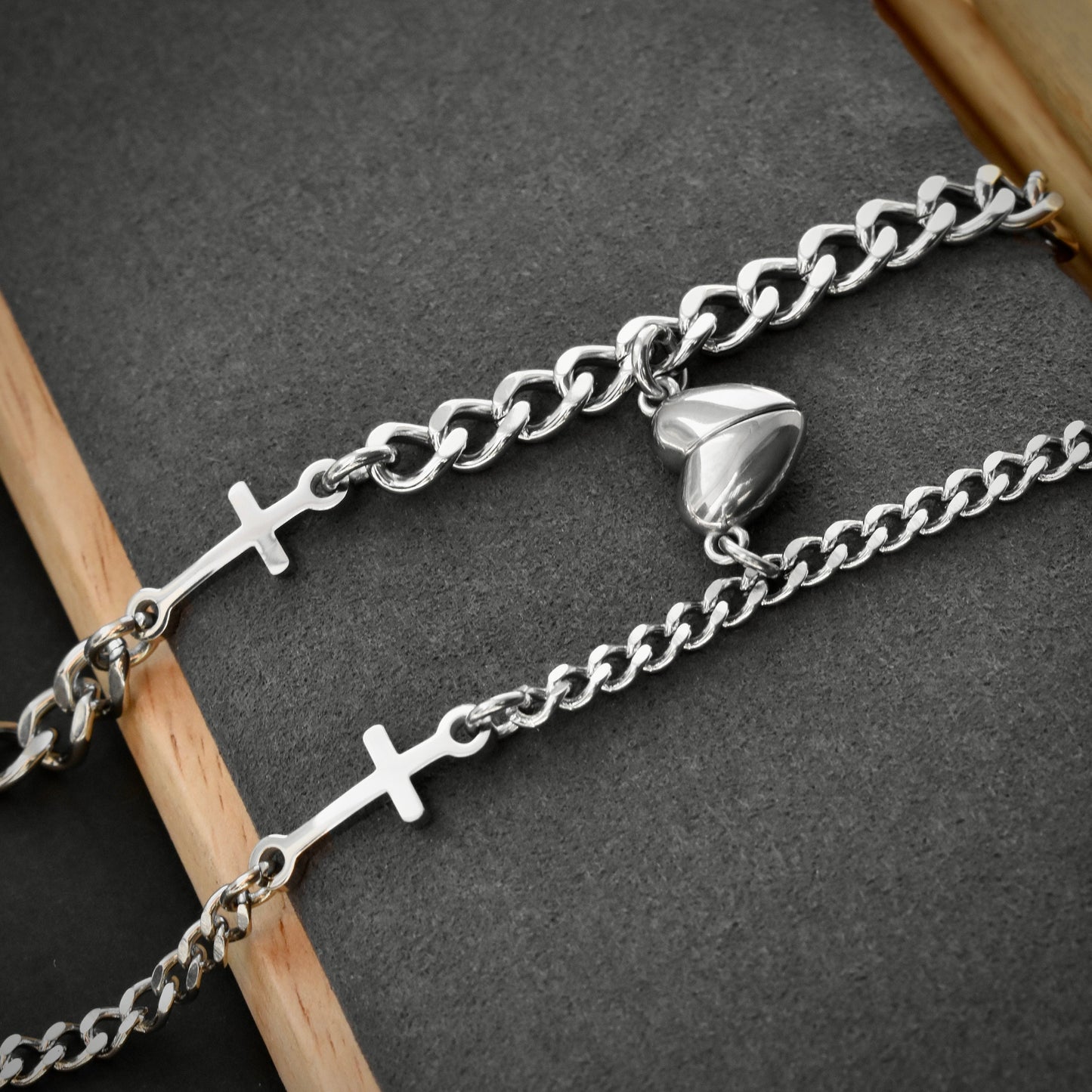 Magnetic Heart Couple Bracelets with Crosses (Stainless Steel), Gift for Lovers, Couples, Friend, Husband Wife, His and Hers Bracelets