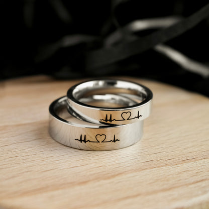 Couple Rings Heart Cardiogram, Personalized His and Hers gift, Matching custom ring set, Promise Rings are fade resistant and waterproof!