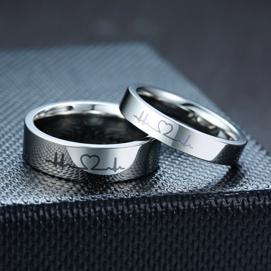 Couple Rings Heart Cardiogram, Personalized His and Hers gift, Matching custom ring set, Promise Rings are fade resistant and waterproof!