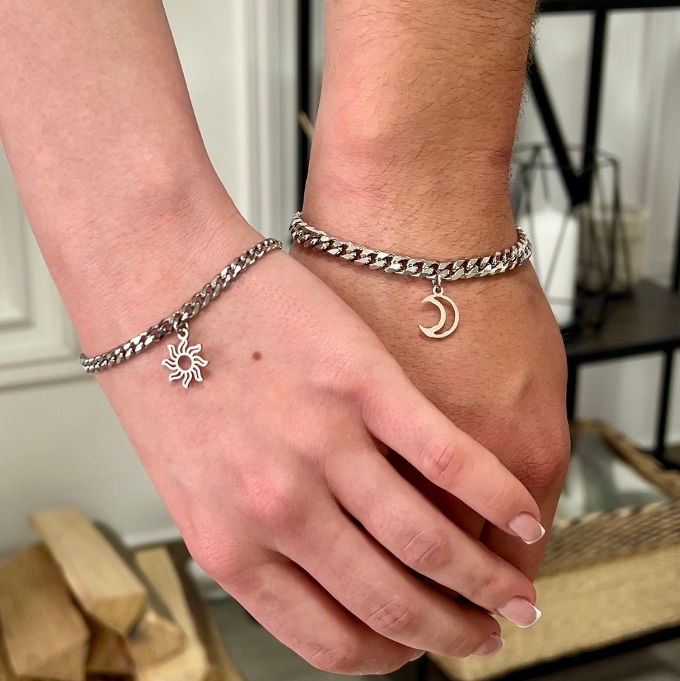 Set of 2 Couples Bracelets with Sun and Moon charms (stainless steel), His and Hers Bracelets, Husband Wife Bracelets, Couples Gift Love