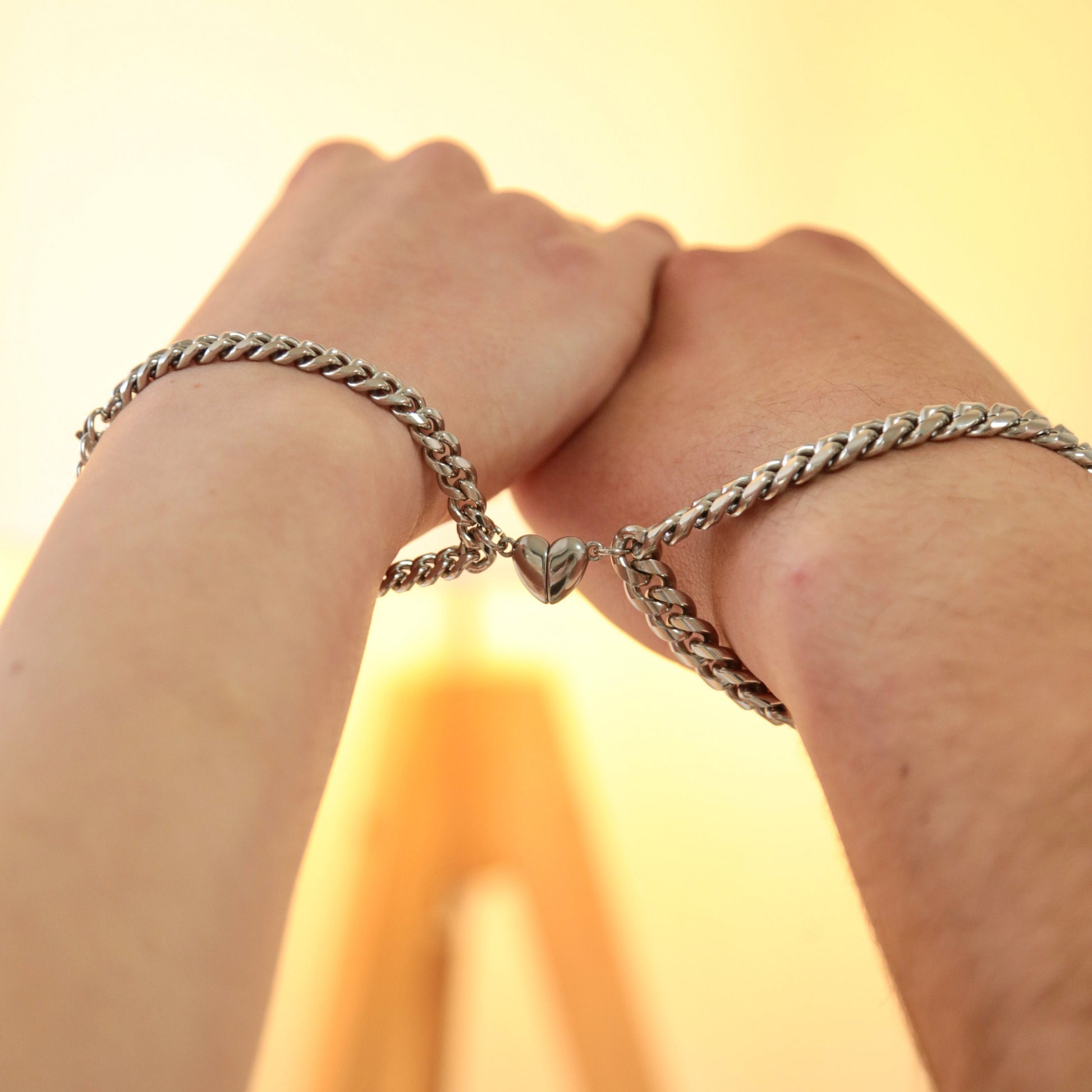 Couple Bracelets with Heart-shaped magnets on Thick Chains, Handmade Jewelry, Set of 2 His & Her Matching Bangle For Lover, Gift Bestfriend