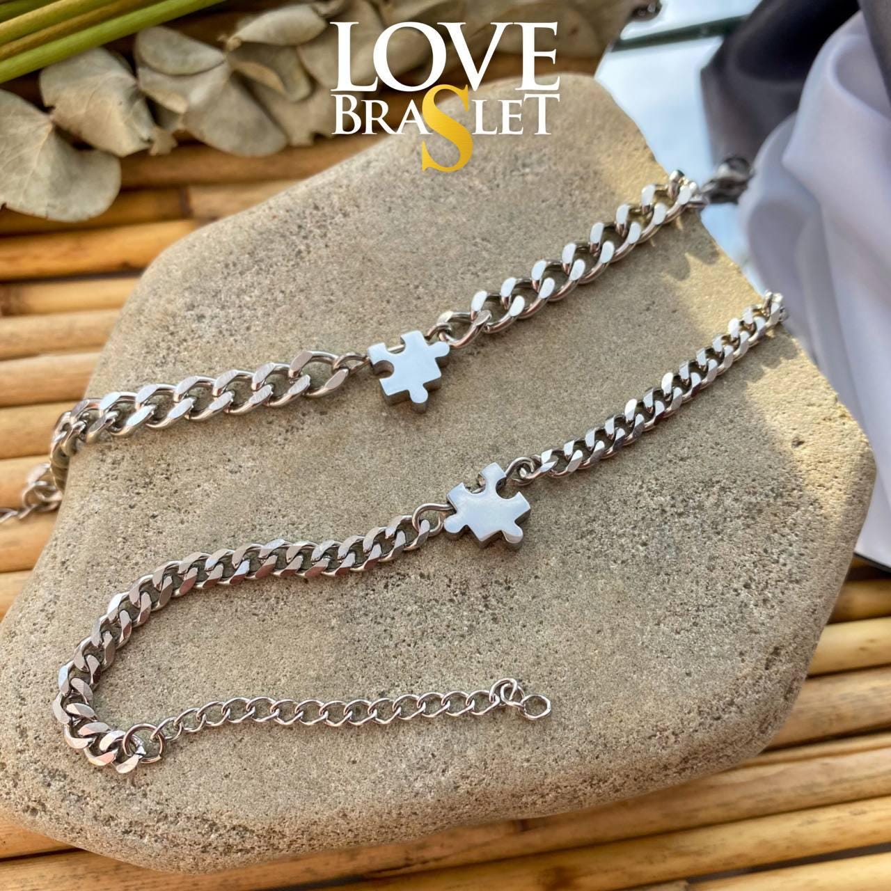 Set of 2 Couple Bracelets with Puzzle charms(Stainless Steel), Gift for Lovers, Couples, Friend, Husband Wife, His and Hers Bracelets