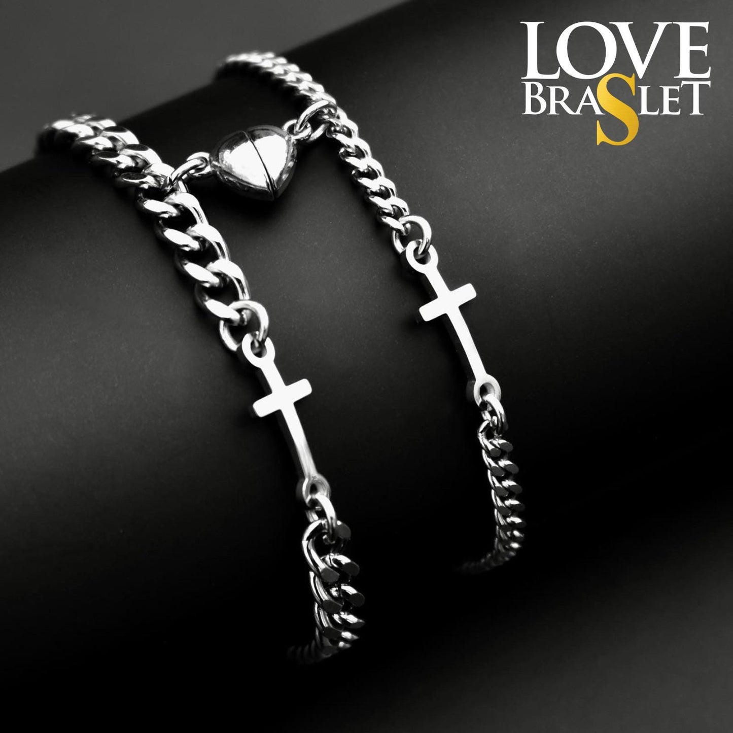 Magnetic Heart Couple Bracelets with Crosses (Stainless Steel), Gift for Lovers, Couples, Friend, Husband Wife, His and Hers Bracelets