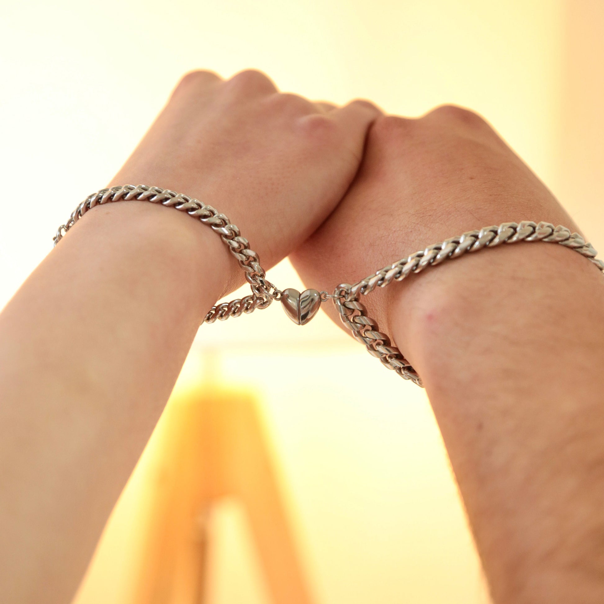 Couple Bracelets with Heart-shaped magnets on Thick Chains, Handmade Jewelry, Set of 2 His & Her Matching Bangle For Lover, Gift Bestfriend