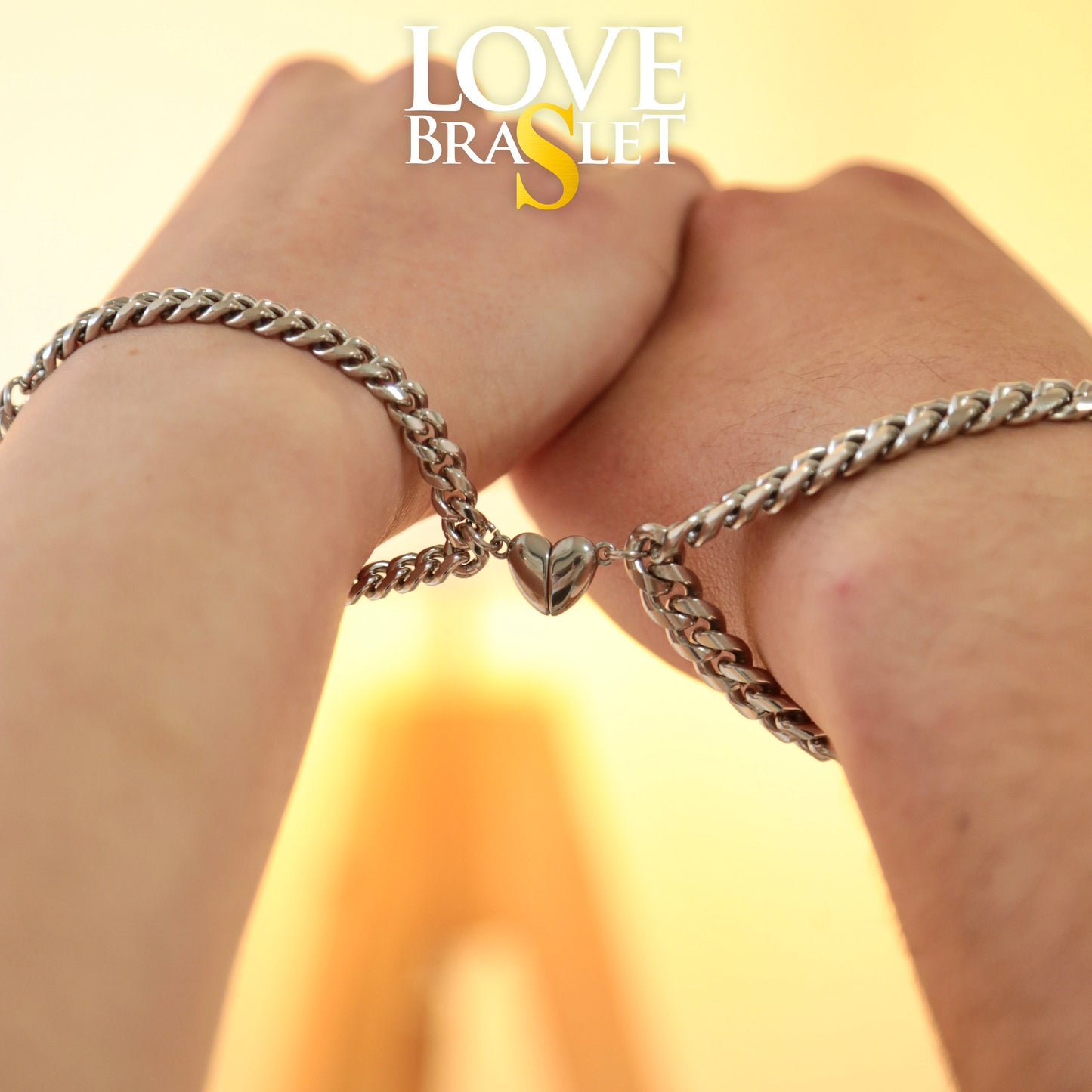 Couple Bracelets with Heart-shaped magnets on Thick Chains, Handmade Jewelry, Set of 2 His & Her Matching Bangle For Lover, Gift Bestfriend