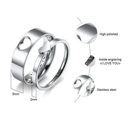 Couple Rings with Cut-out Hearts and Internal engraving I LOVE YOU(stainless steel) Gift for Couples, boyfriend, girlfriend, couple ring set