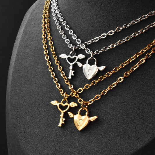 Key and Lock with Wings Couple Necklace, Set of 2 His & Hers Necklaces, Silver and Gold Matching Necklace, Gifts for Couples, Her, Him - LoveBrasleT - Couple Gift Store