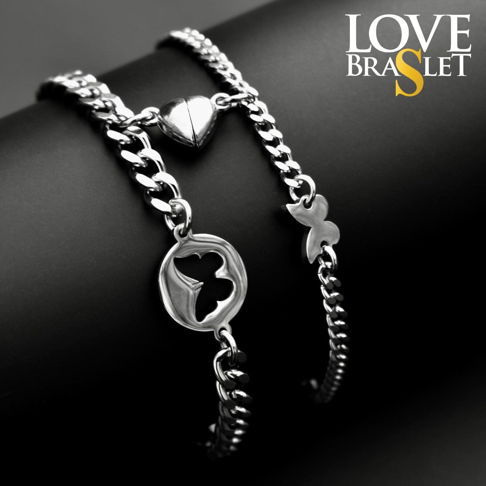 Magnetic Heart Couple Bracelets with Airplanes | Key and Lock | Crosses | Butterflies, Gift Matching Jewelry, Friendship Bracelets, His Hers - LoveBrasleT - Couple Gift Store
