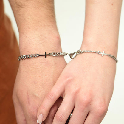 Magnetic Heart Couple Bracelets with Crosses (Stainless Steel), Gift for Lovers, Couples, Friend, Husband Wife, His and Hers Bracelets - LoveBrasleT - Couple Gift Store