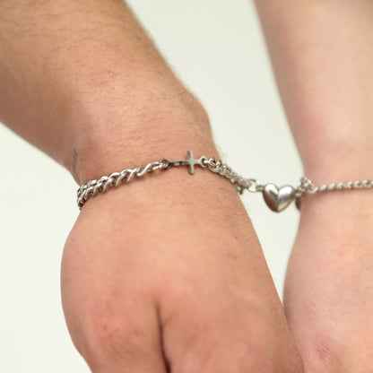 Magnetic Heart Couple Bracelets with Crosses (Stainless Steel), Gift for Lovers, Couples, Friend, Husband Wife, His and Hers Bracelets - LoveBrasleT - Couple Gift Store