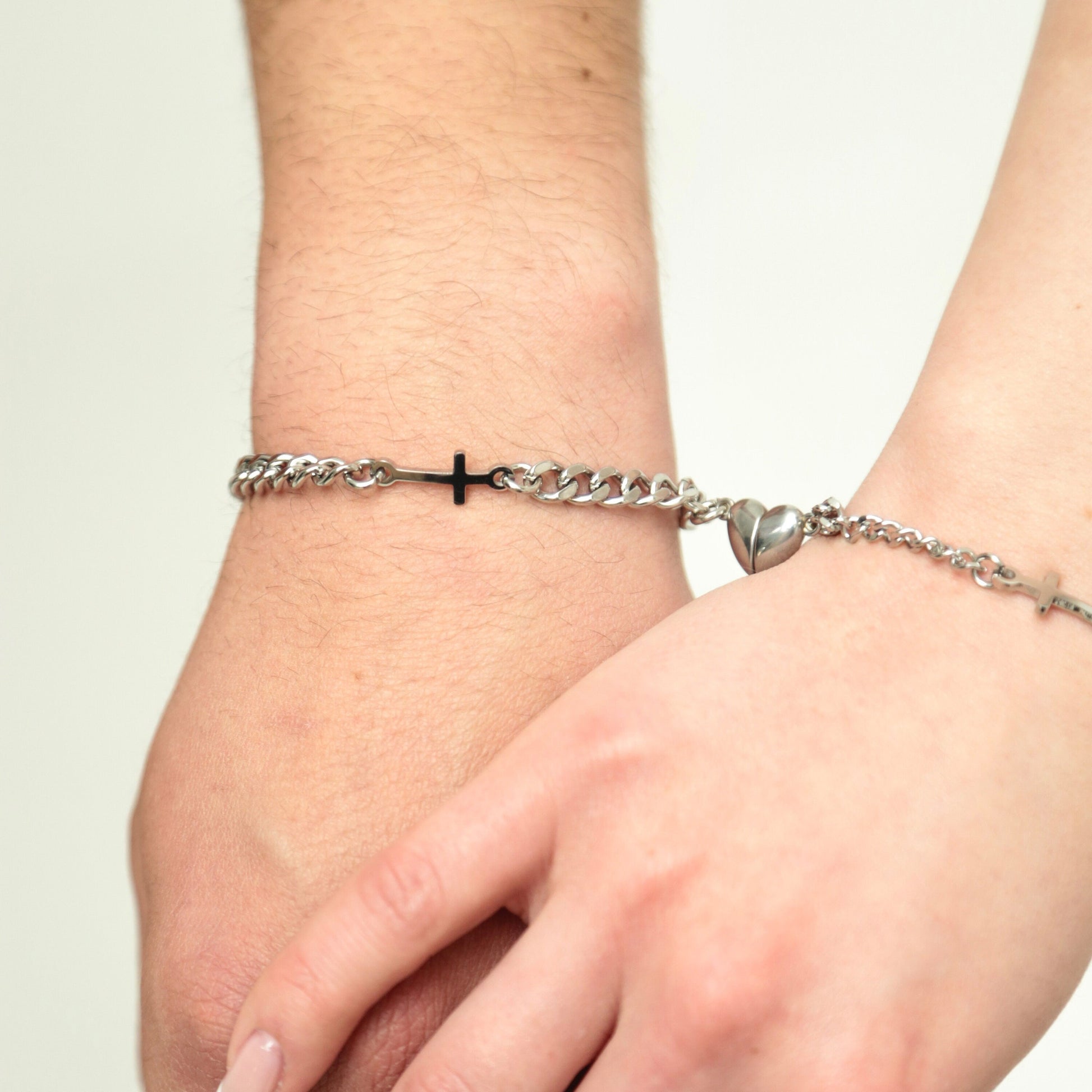 Magnetic Heart Couple Bracelets with Crosses (Stainless Steel), Gift for Lovers, Couples, Friend, Husband Wife, His and Hers Bracelets - LoveBrasleT - Couple Gift Store